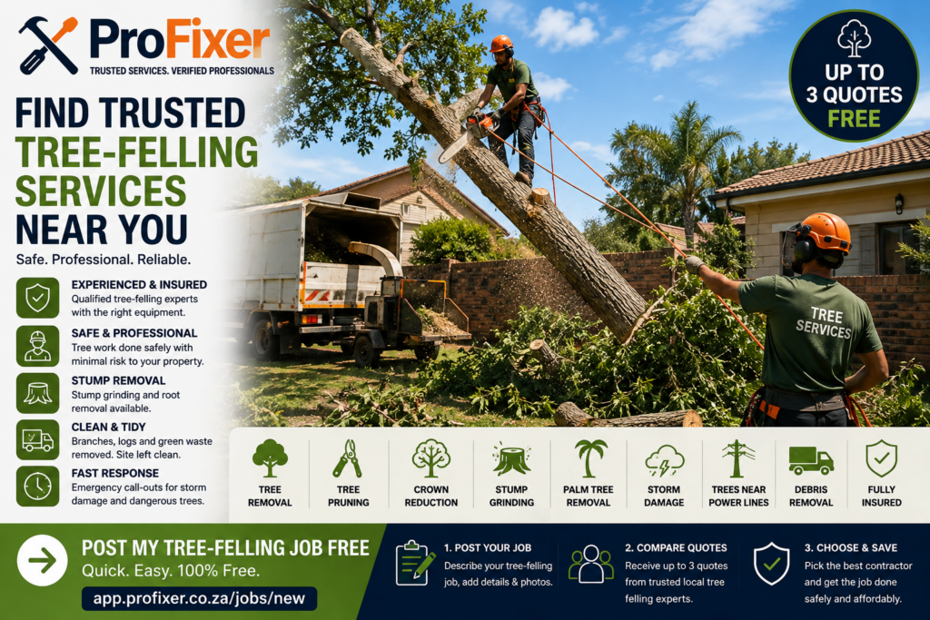 Professional tree felling services safely removing a large tree at a South African home