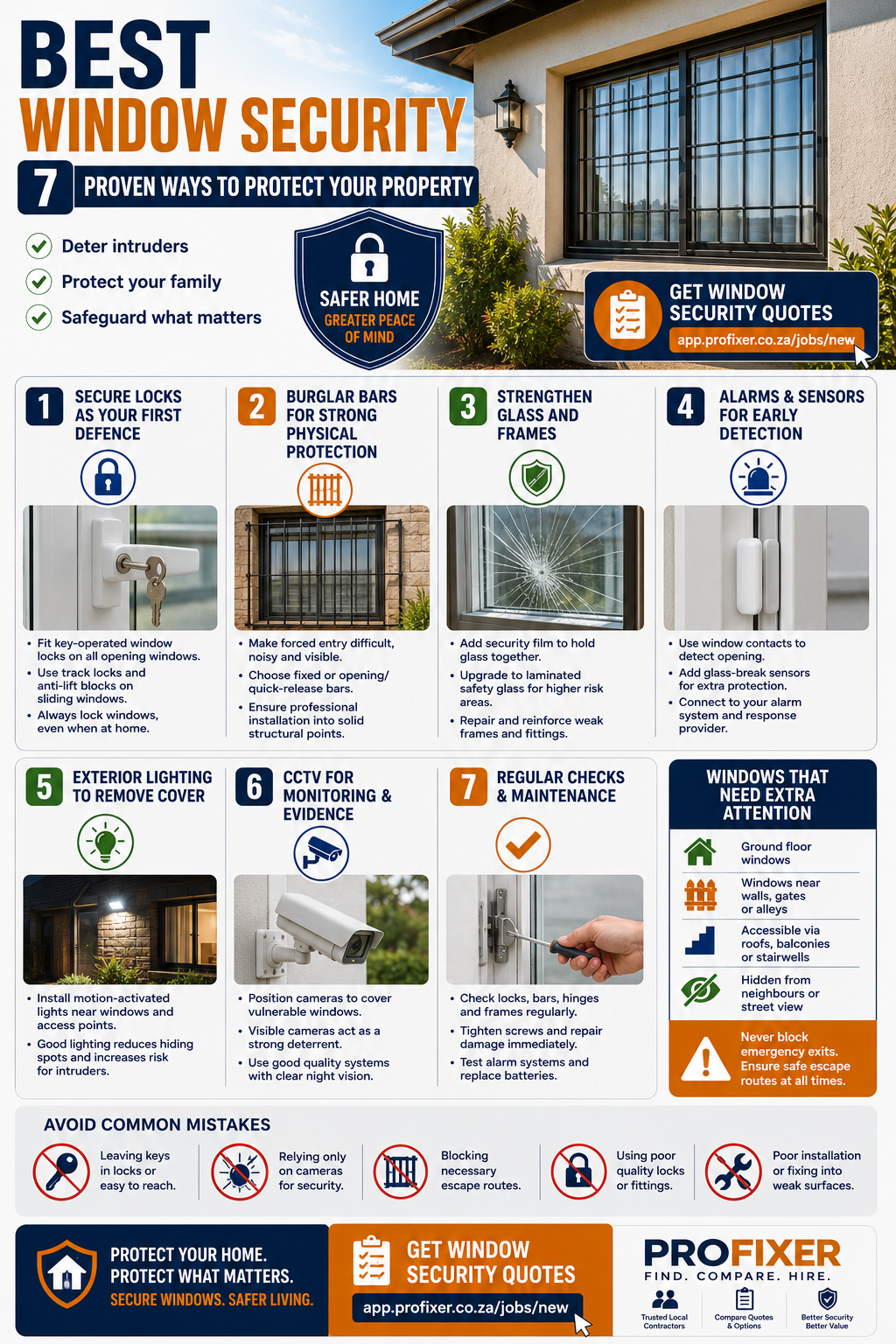 Best window security infographic showing locks, burglar bars, strengthened glass, alarms, lighting and CCTV for safer properties