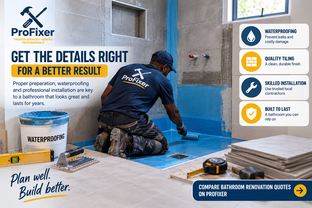 How to plan bathroom renovation waterproofing correctly with a professional contractor preparing a shower area before tiling