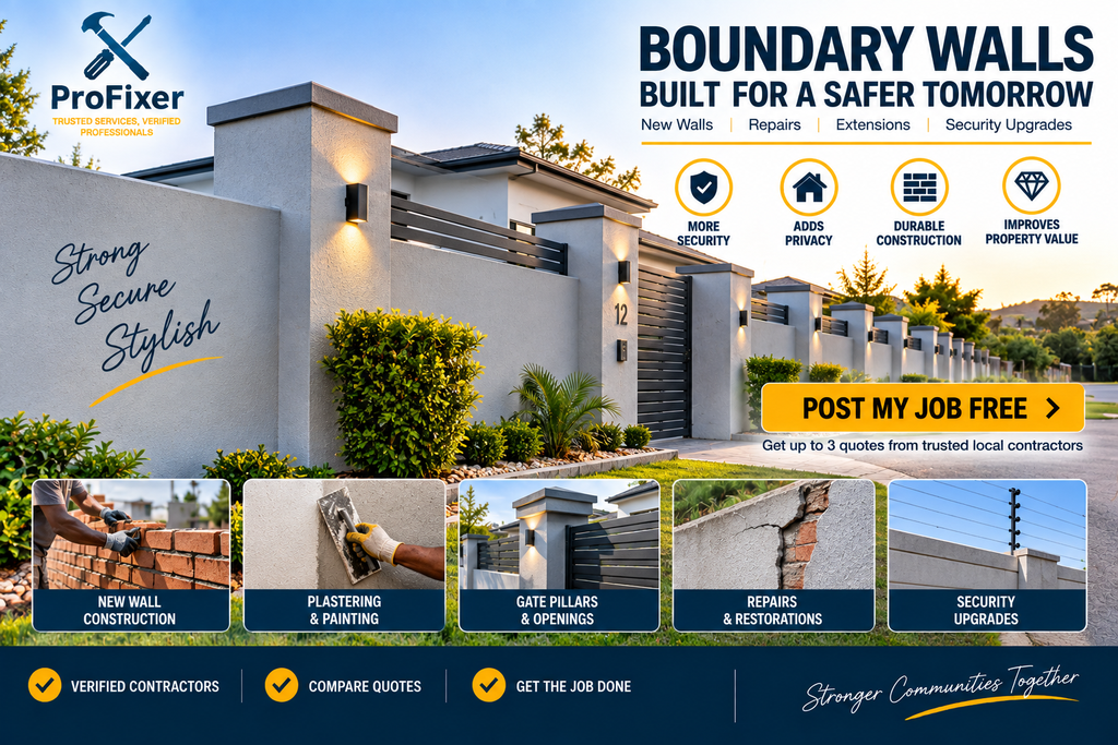 boundary wall contractors completing secure boundary wall upgrades with gate pillars repairs plastering and electric fencing