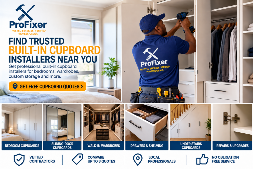 built-in cupboard installers fitting custom bedroom wardrobes with shelving drawers and sliding-door storage