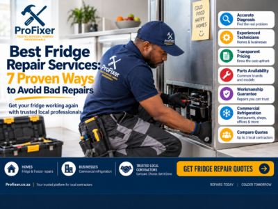 Best fridge repair services infographic showing a professional technician repairing a fridge and highlighting diagnosis, pricing, parts, guarantees and quote comparison