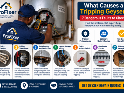 What causes a tripping geyser infographic showing a technician testing a geyser for faulty elements, thermostat problems, leaks, wiring faults and circuit issues