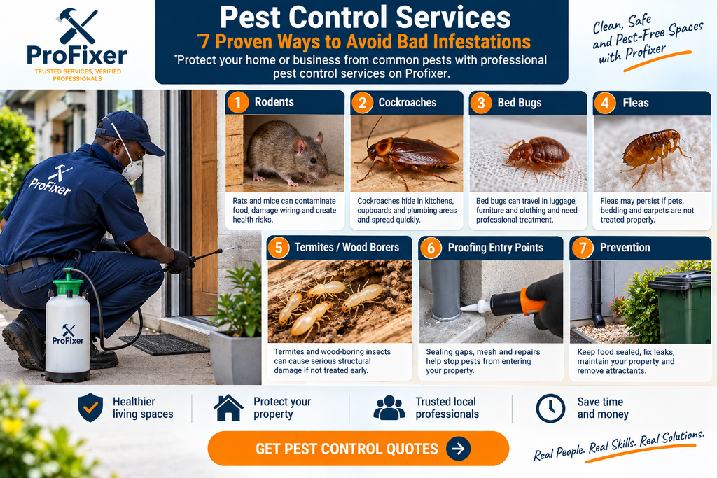 Pest control services infographic showing a professional technician treating a property and highlighting rodents, cockroaches, bed bugs, fleas, termites, proofing and prevention