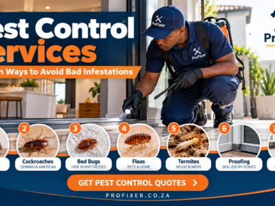 ProFixer pest control services infographic showing a technician inspecting a home entrance and highlighting seven key pest issues: rodents, cockroaches, bed bugs, fleas, termites, proofing and prevention.