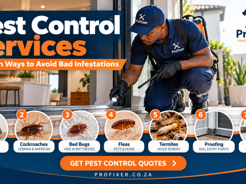 ProFixer pest control services infographic showing a technician inspecting a home entrance and highlighting seven key pest issues: rodents, cockroaches, bed bugs, fleas, termites, proofing and prevention.