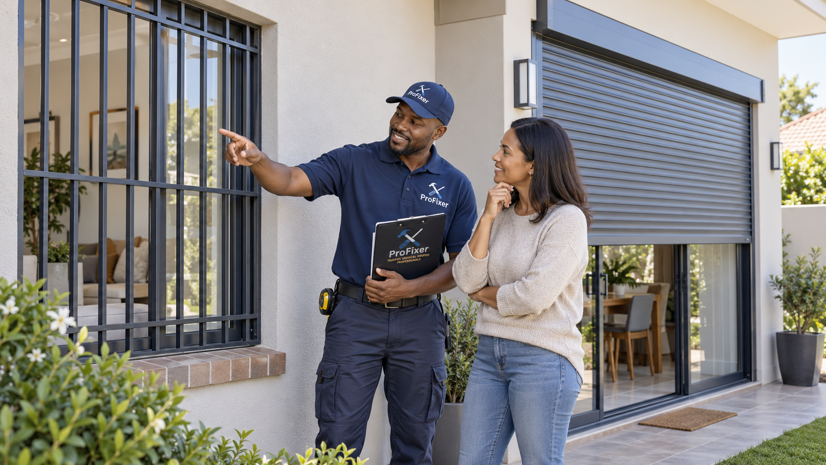 Homeowner discussing security shutters versus burglar bars with a local security contractor at a residential property