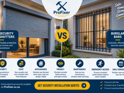 Security shutters versus burglar bars comparison showing a modern home with roller shutters and fixed burglar bars, highlighting security, cost, privacy and maintenance