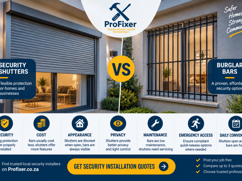 Security shutters versus burglar bars comparison showing a modern home with roller shutters and fixed burglar bars, highlighting security, cost, privacy and maintenance