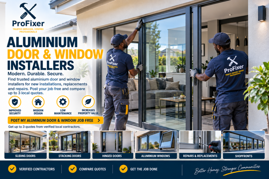 aluminium door and window installers fitting modern sliding aluminium doors at a residential property