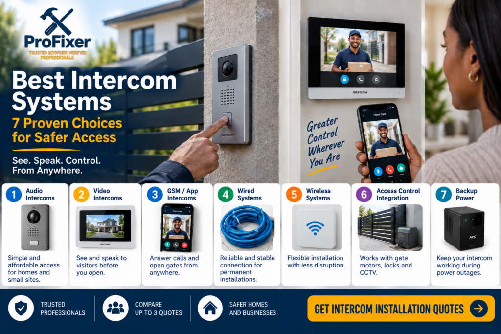 Best intercom systems infographic showing audio, video, GSM app, wired, wireless, access control and backup power options for safer property access