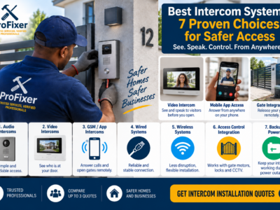 Best intercom systems infographic showing a professional installer fitting a video intercom with audio, mobile app, gate integration, wired, wireless and backup power options