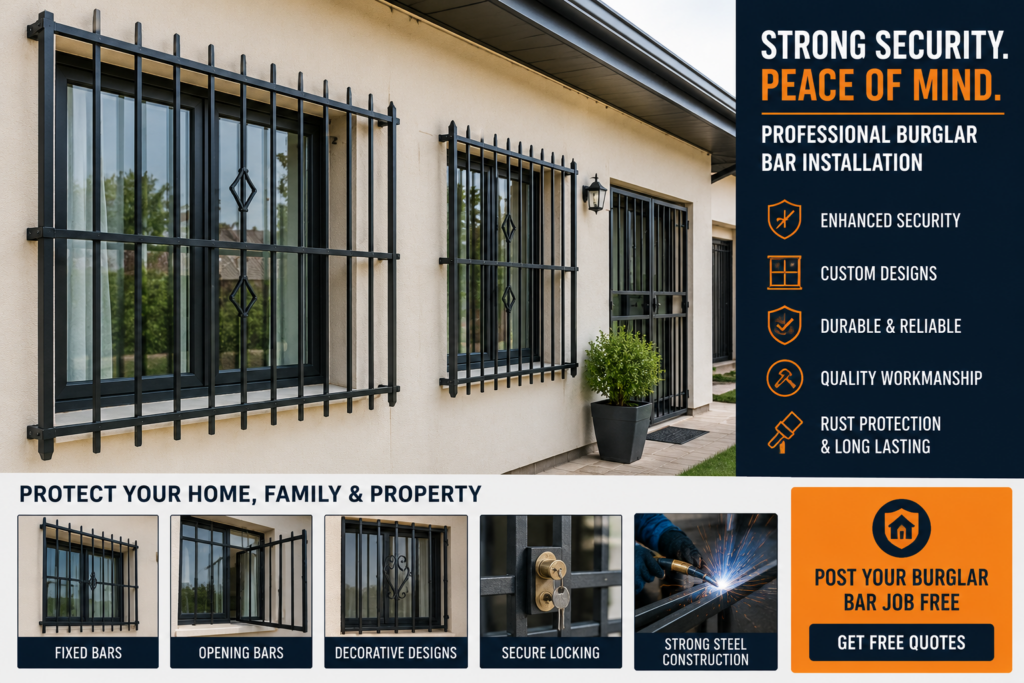 Professional burglar bar installers installed bars on residential windows with fixed bars, opening bars, decorative designs and secure locking