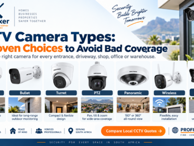 CCTV camera types infographic showing dome, bullet, turret, PTZ, panoramic, wireless and number-plate recognition cameras for different security applications