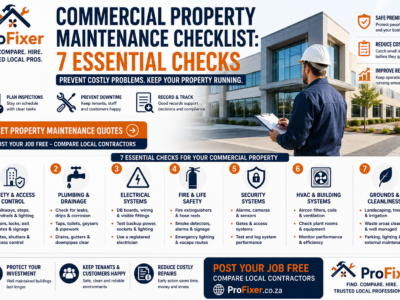 Commercial property maintenance checklist showing safety, plumbing, electrical, fire, security, HVAC and grounds maintenance checks