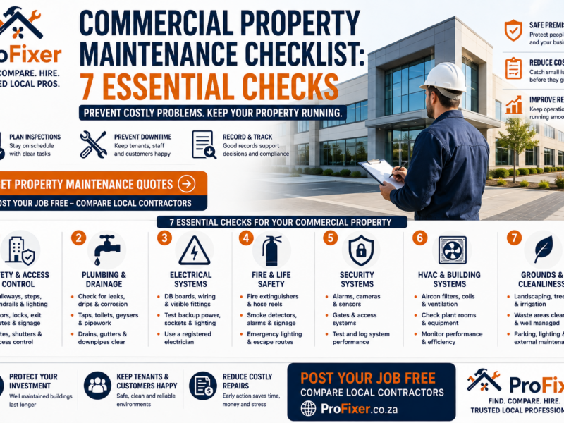 Commercial property maintenance checklist showing safety, plumbing, electrical, fire, security, HVAC and grounds maintenance checks
