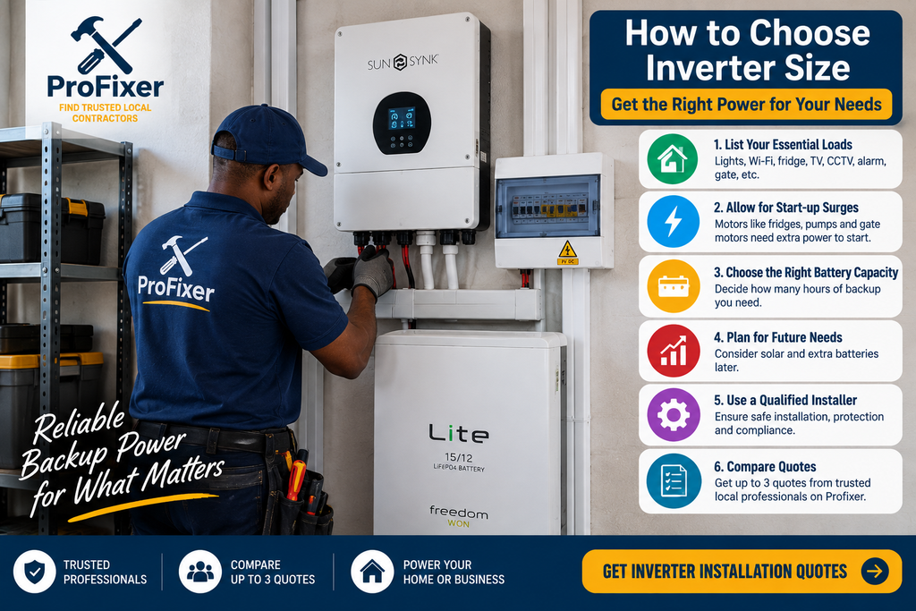 How to choose inverter size with a qualified installer checking essential loads, start-up surge power, battery capacity and backup requirements