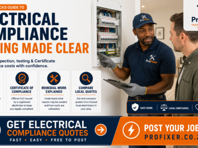 Electrical compliance pricing guide showing a registered electrician inspecting a distribution board and explaining CoC costs