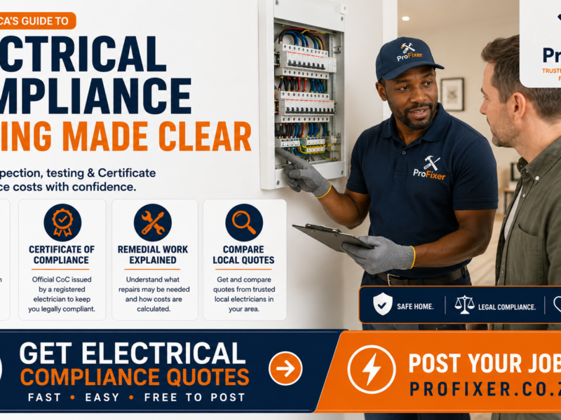 Electrical compliance pricing guide showing a registered electrician inspecting a distribution board and explaining CoC costs