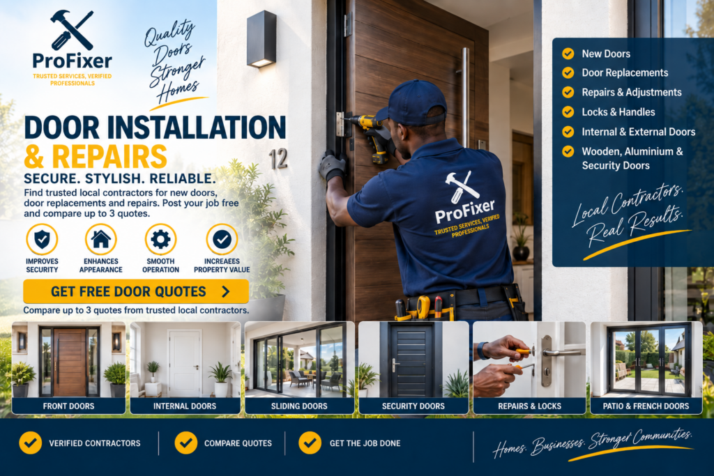 door installation and repairs contractor fitting a modern external door at a residential property