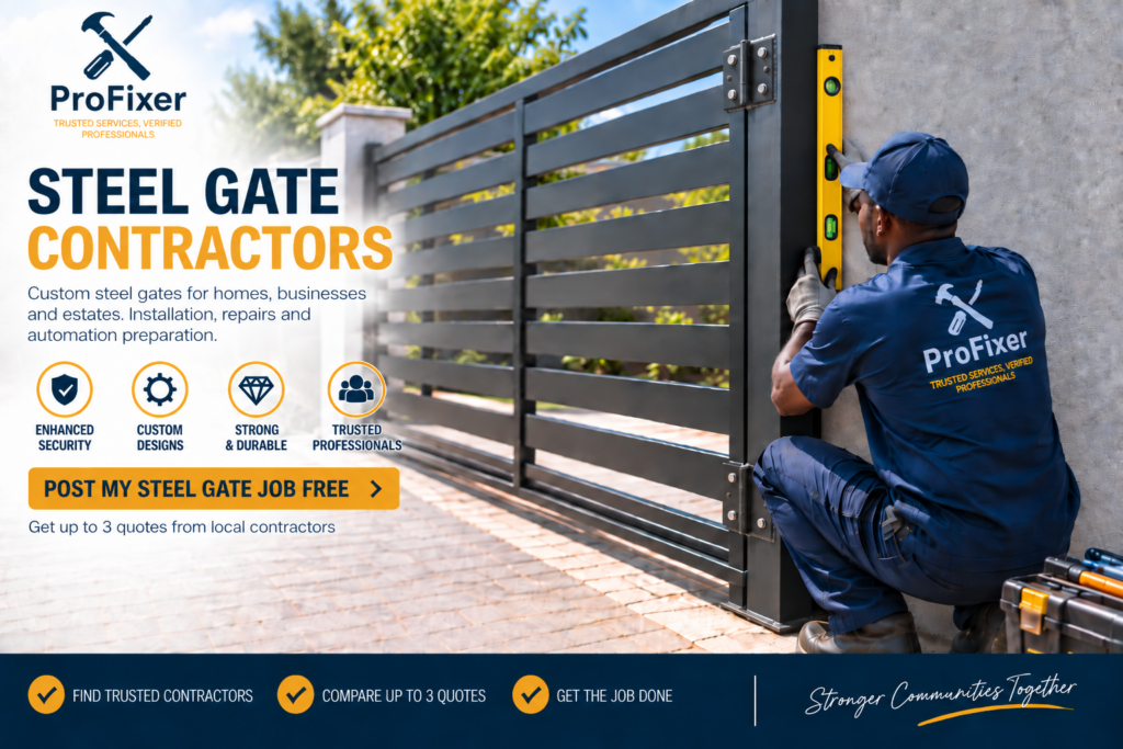 steel gate contractors checking and aligning welded gate hinges during steel gate installation