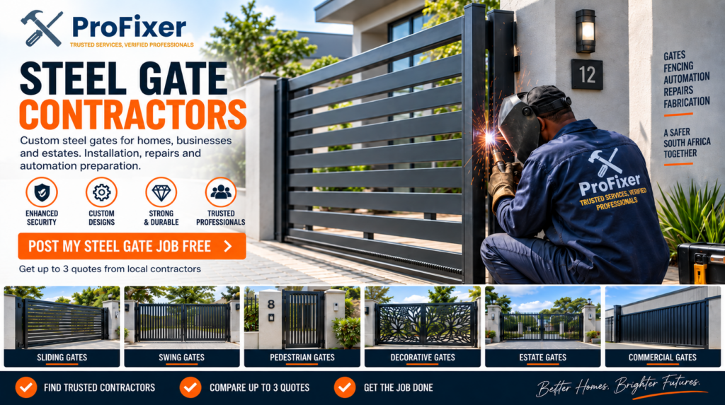 steel gate contractors installing and repairing a modern sliding steel gate at a residential property