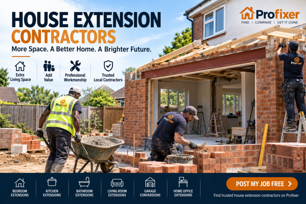 House extension contractors building a residential extension with brickwork, roof framing and construction materials