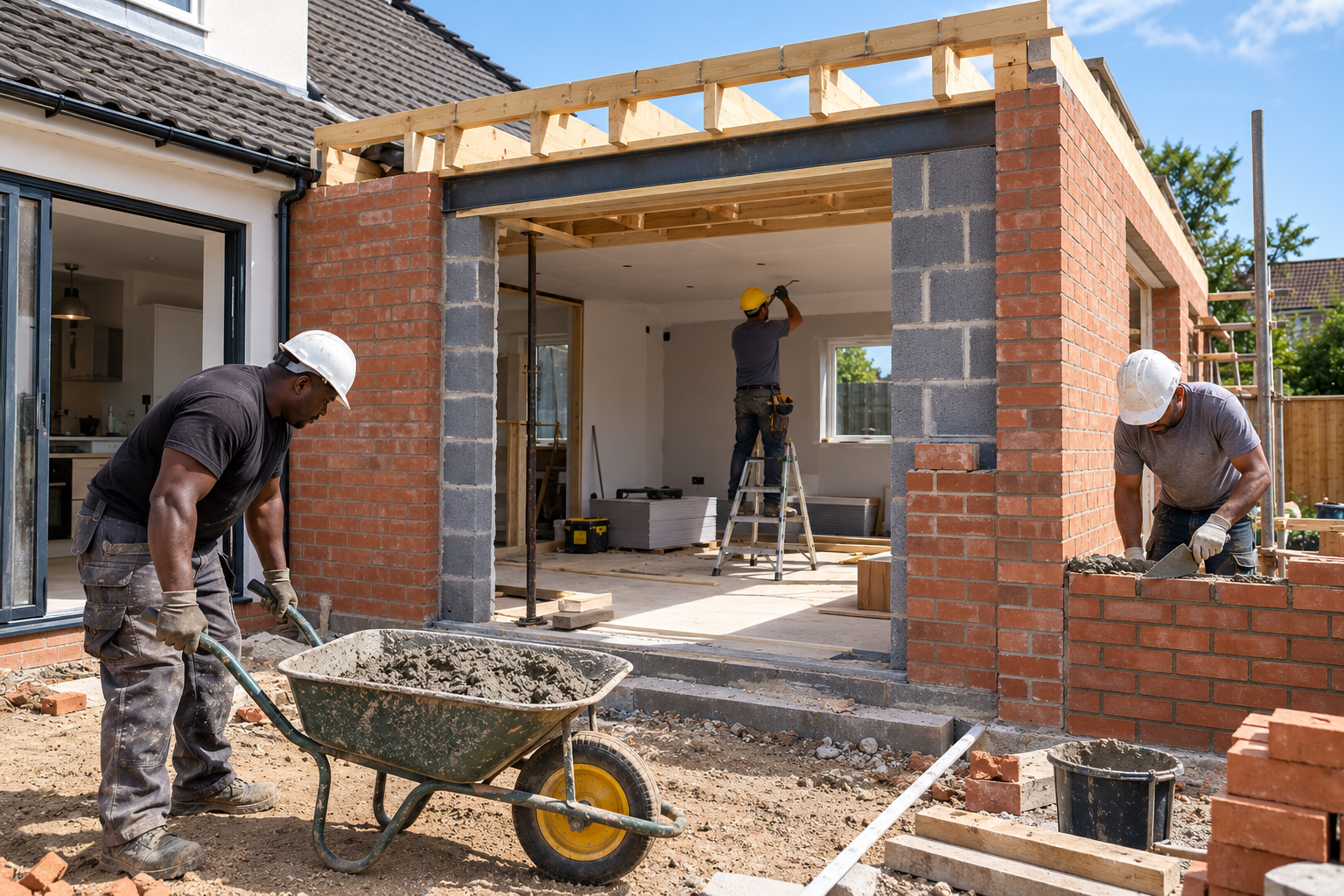 House extension contractors constructing a new home extension with brickwork roofing and multiple trades on site