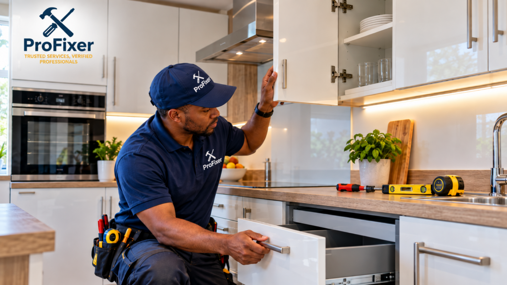 kitchen cabinet contractors testing fitted kitchen cupboards in a modern kitchen