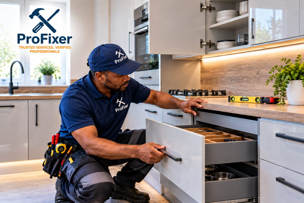 kitchen cabinet contractors testing kitchen drawers and checking fitted kitchen cupboard alignment
