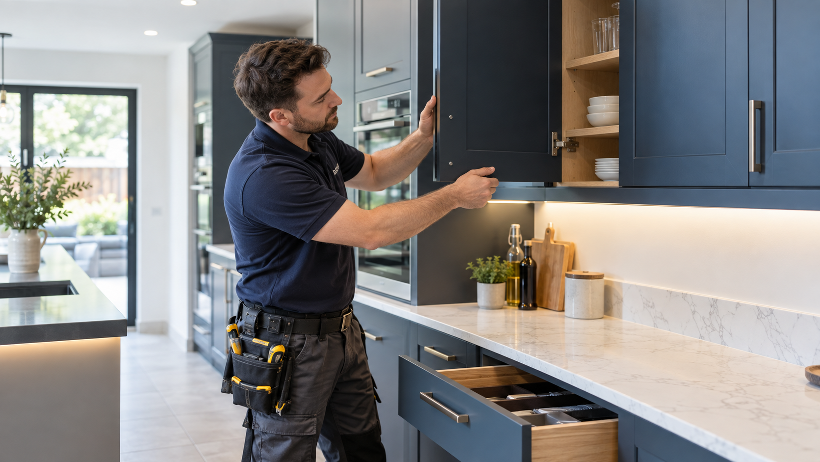 kitchen cabinet contractors testing fitted kitchen cupboards and checking cupboard door alignment