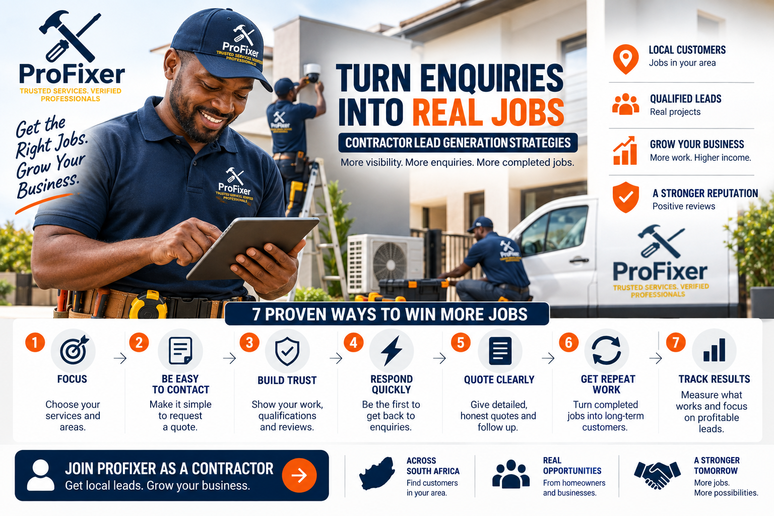 Contractor lead generation strategies showing a contractor responding to enquiries, building trust, quoting clearly and winning more local jobs