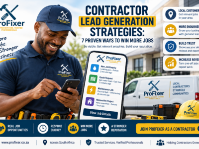 Contractor lead generation strategies infographic showing a local contractor receiving job enquiries and growing his business through Profixer