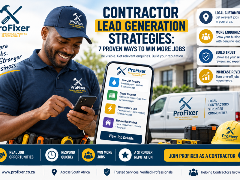Contractor lead generation strategies infographic showing a local contractor receiving job enquiries and growing his business through Profixer