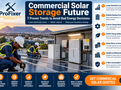 Commercial solar storage future infographic showing rooftop solar panels, commercial battery storage and installers working on a business property
