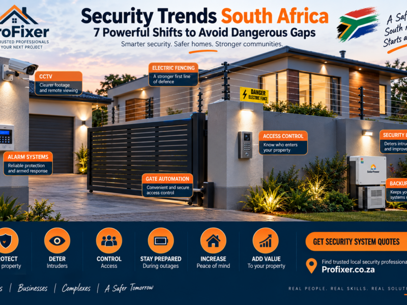 Security trends South Africa infographic showing CCTV, alarm systems, electric fencing, gate automation, access control, security lighting and backup power at a modern home