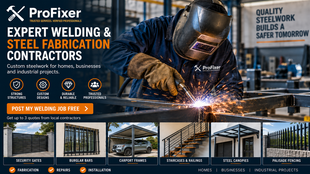 ProFixer welding and steel-fabrication contractor banner showing a professional welder working on custom steelwork
