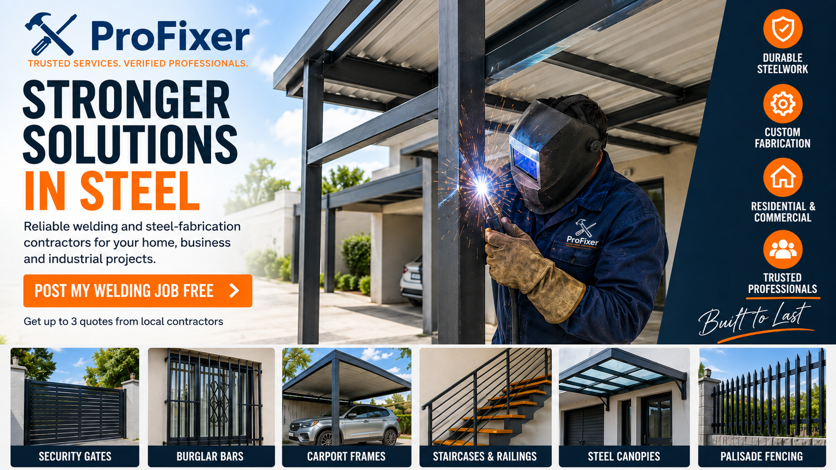 Welding and steel-fabrication contractors creating custom steel structures for gates, carports, railings and fencing