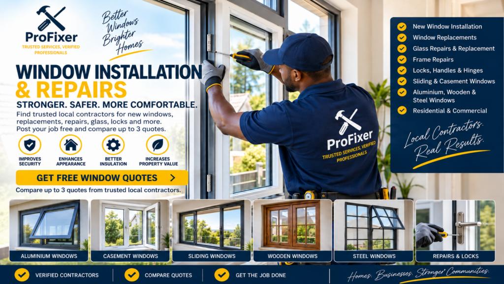 window installation and repairs contractor fitting a modern residential window with repair and replacement services