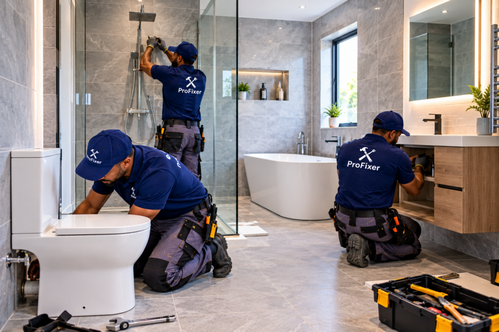 bathroom renovation contractors installing a toilet shower and vanity in a modern bathroom