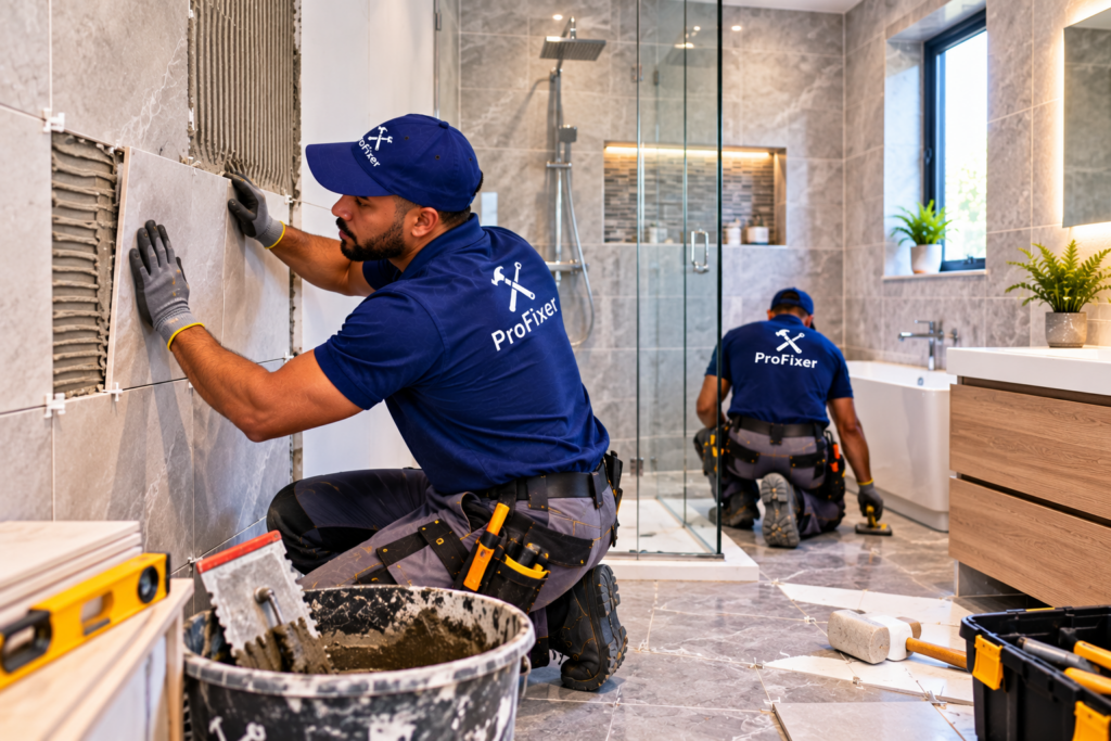 bathroom renovation contractors installing wall tiles and completing shower area tiling in a modern bathroom