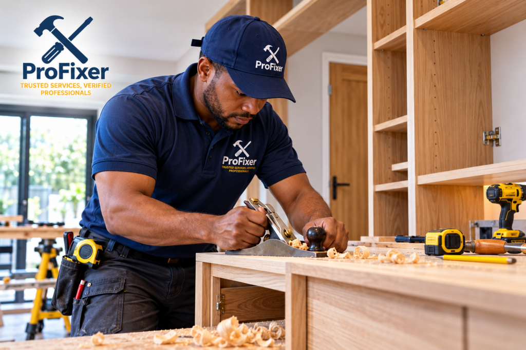 carpentry services contractor planing timber and building custom wooden cupboards in a home