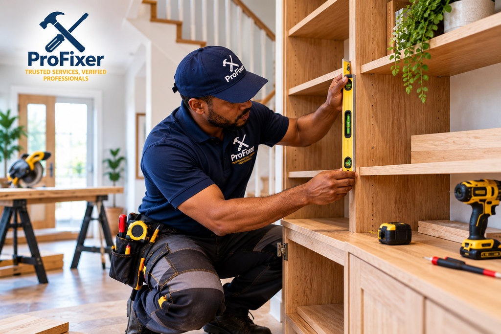 carpentry services contractor checking custom wooden shelving and cupboard alignment with a spirit level