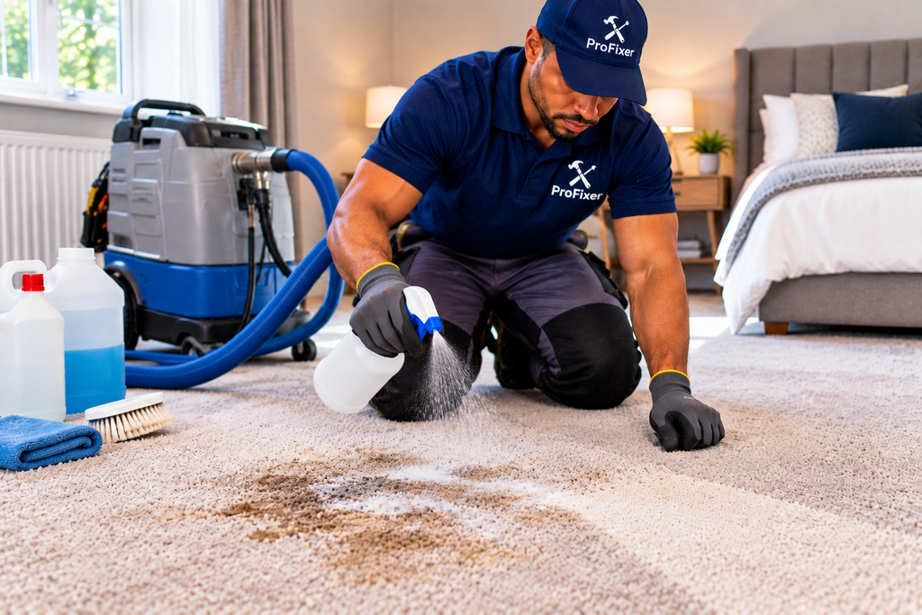 carpet cleaning services applying cleaning solution to a stained residential carpet before deep cleaning