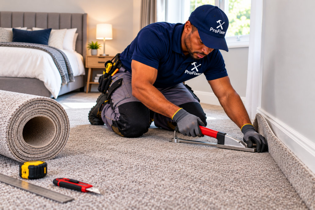 carpet installers fitting new bedroom carpet in a modern home