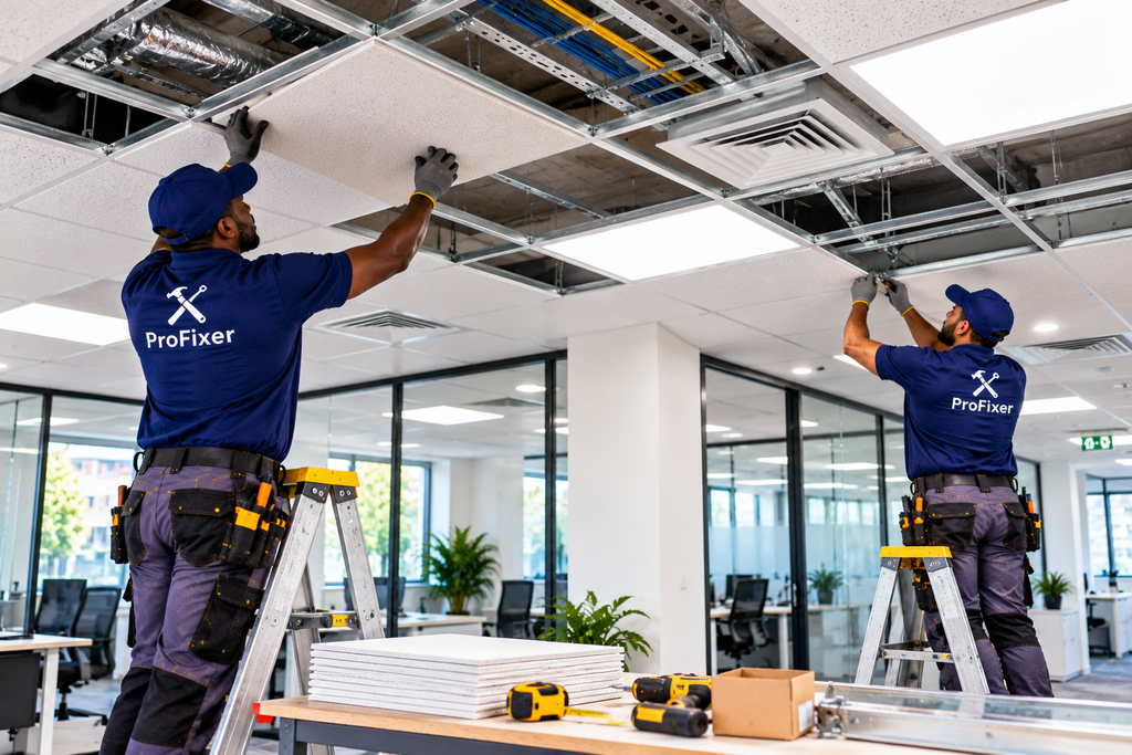 ceiling and cornice contractors installing suspended ceiling tiles in a modern office