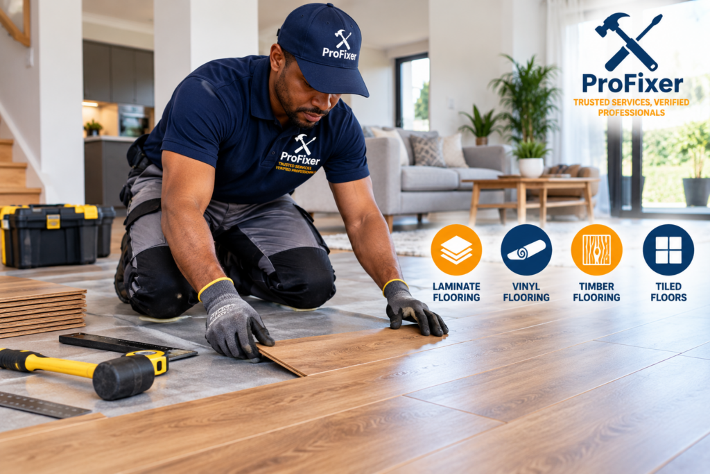 flooring contractors installing laminate flooring in a modern home living room