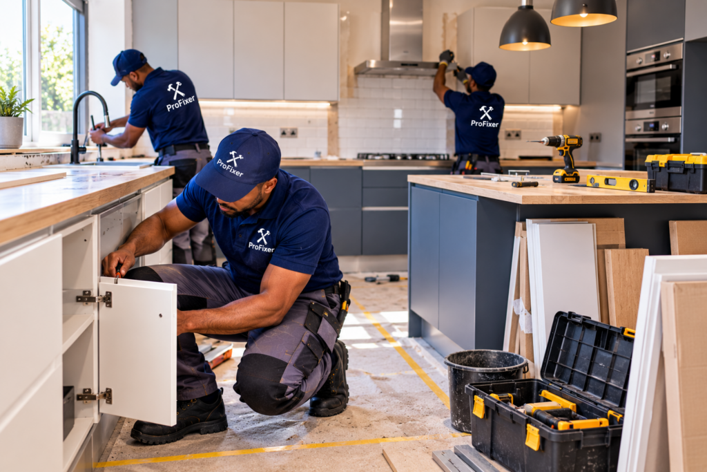 kitchen renovation contractors installing cabinets plumbing and extractor systems in a modern kitchen