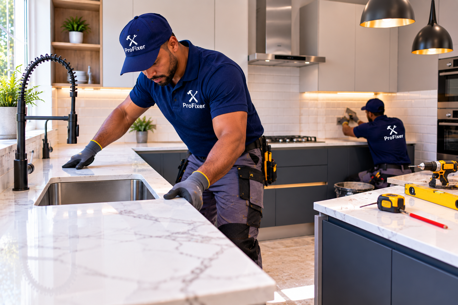 kitchen renovation contractors fitting quartz worktops and completing splashback installation in a modern kitchen