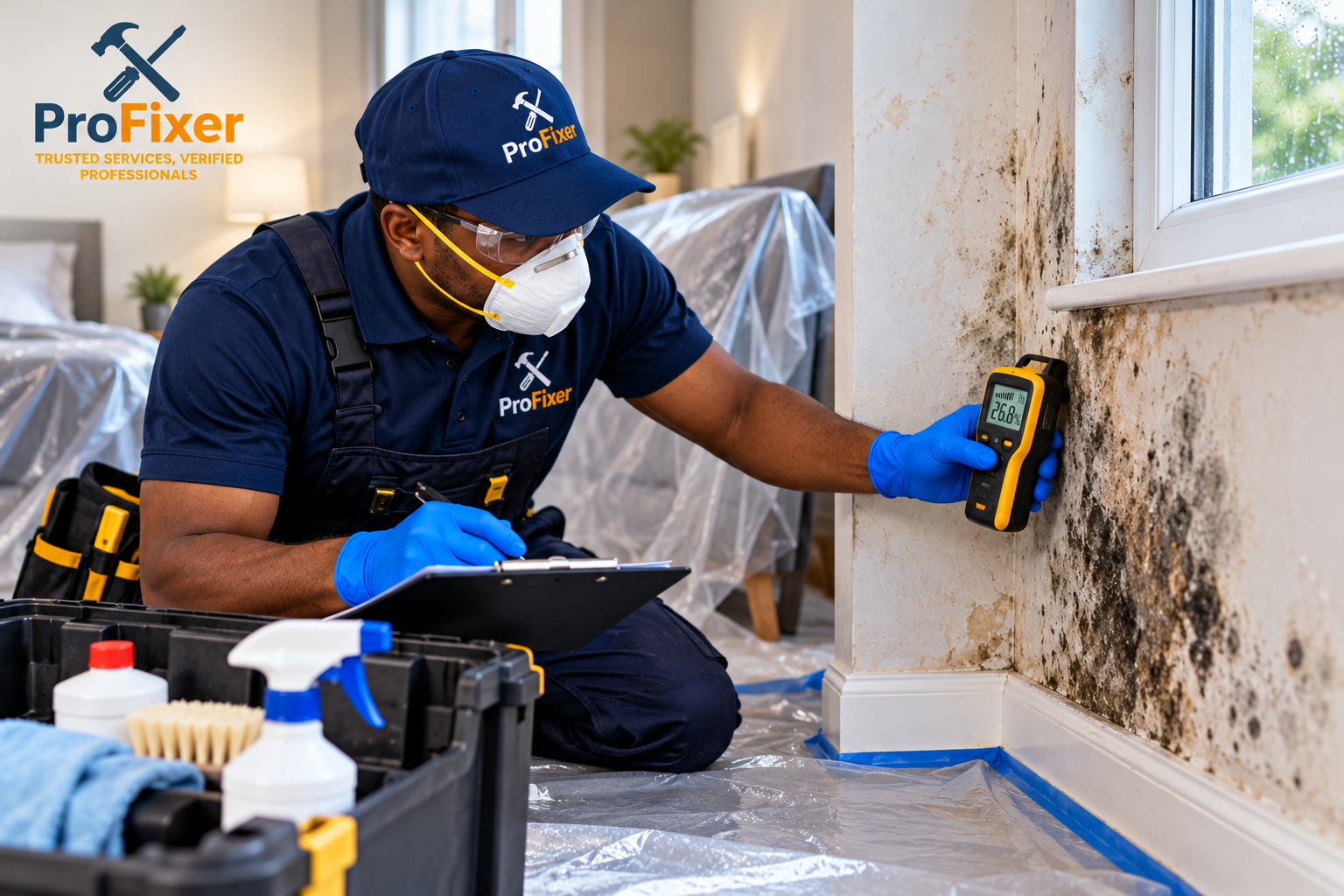 Mould removal process showing a professional contractor using a moisture meter to inspect a mould-affected wall and identify hidden damp.